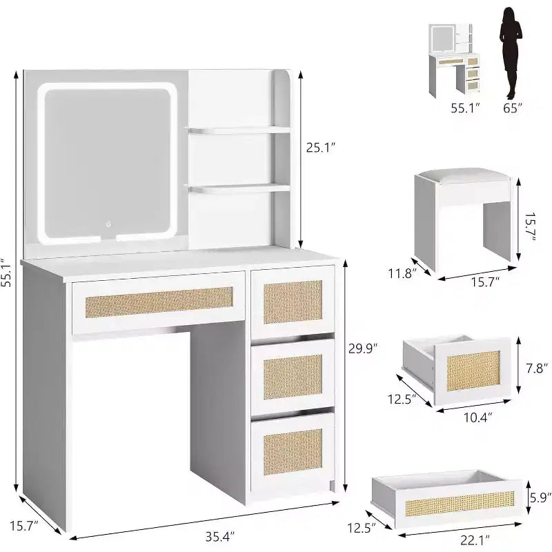 Toeletta in Rattan Bianco con Specchio a LED Regolabile, 4 Cassetti e 2 Ripiani Aperti, Spazioso Tavolo da Trucco per Camera da Letto