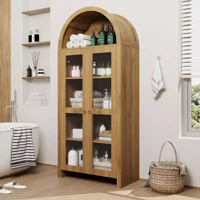 Acekool Arched Display Cabinet with Adjustable Shelves, 70 Tall Oak Storage Cabinet with Clear Acrylic Doors for Kitchen or Living Room