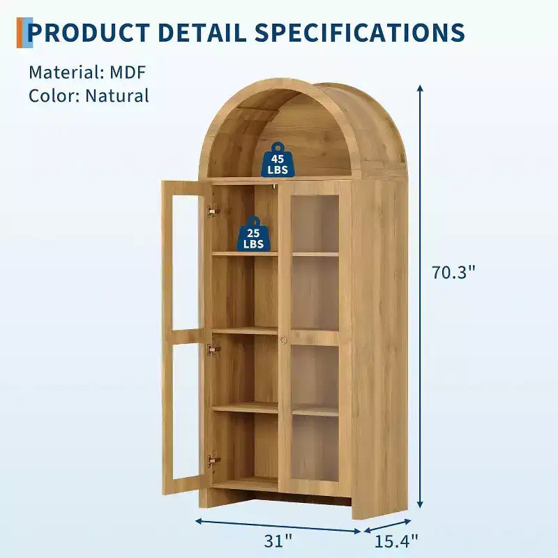 Vetrinetta ad arco con ripiani regolabili, armadietto alto 70 cm in rovere con ante in acrilico trasparente per cucina o soggiorno