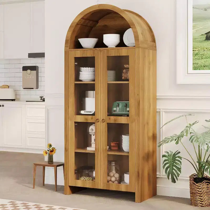 Vetrinetta ad arco con ripiani regolabili, armadietto alto 70 cm in rovere con ante in acrilico trasparente per cucina o soggiorno