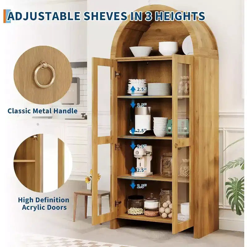 Vetrinetta ad arco con ripiani regolabili, armadietto alto 70 cm in rovere con ante in acrilico trasparente per cucina o soggiorno