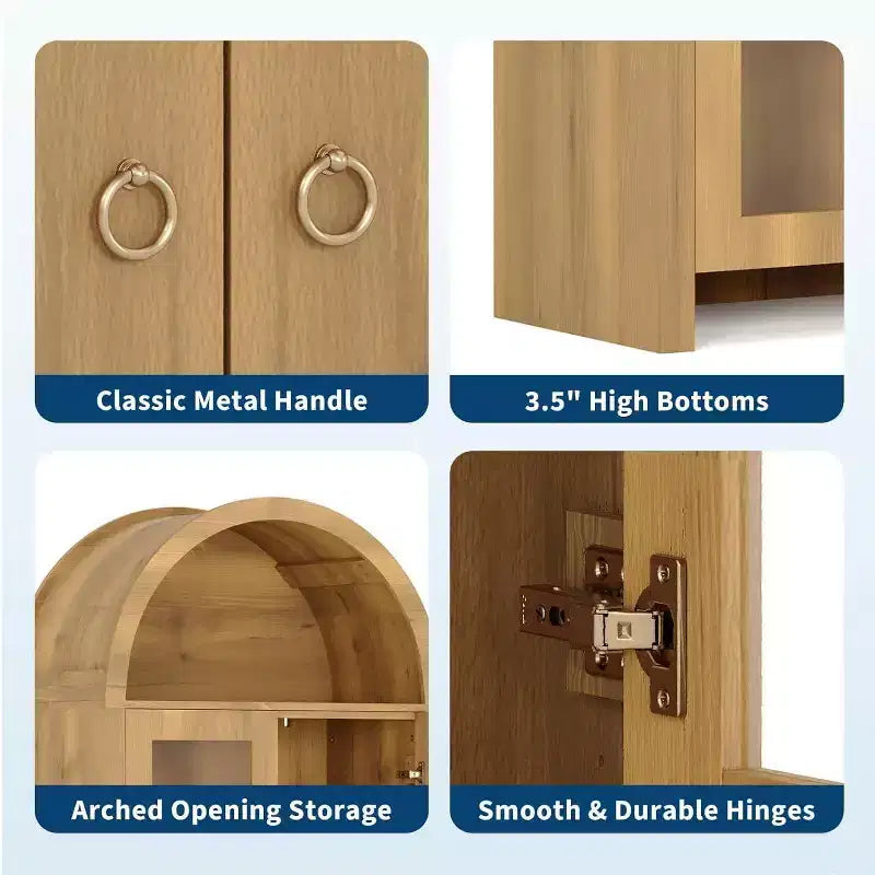 Vetrinetta ad arco con ripiani regolabili, armadietto alto 70 cm in rovere con ante in acrilico trasparente per cucina o soggiorno