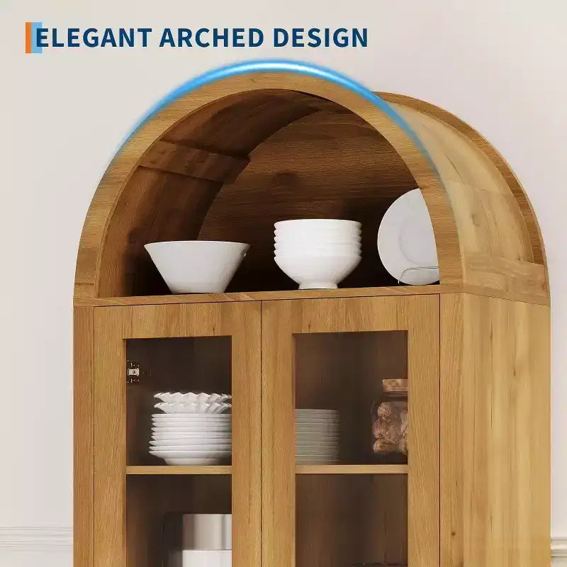 Vetrinetta ad arco con ripiani regolabili, armadietto alto 70 cm in rovere con ante in acrilico trasparente per cucina o soggiorno