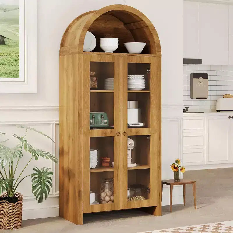Vetrinetta ad arco con ripiani regolabili, armadietto alto 70 cm in rovere con ante in acrilico trasparente per cucina o soggiorno