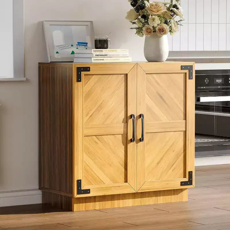 Acekool 31.5 Farmhouse Storage Cabinet - Coffee Bar Console with Adjustable Shelf & Doors for Kitchen, Living Room in Black Brown