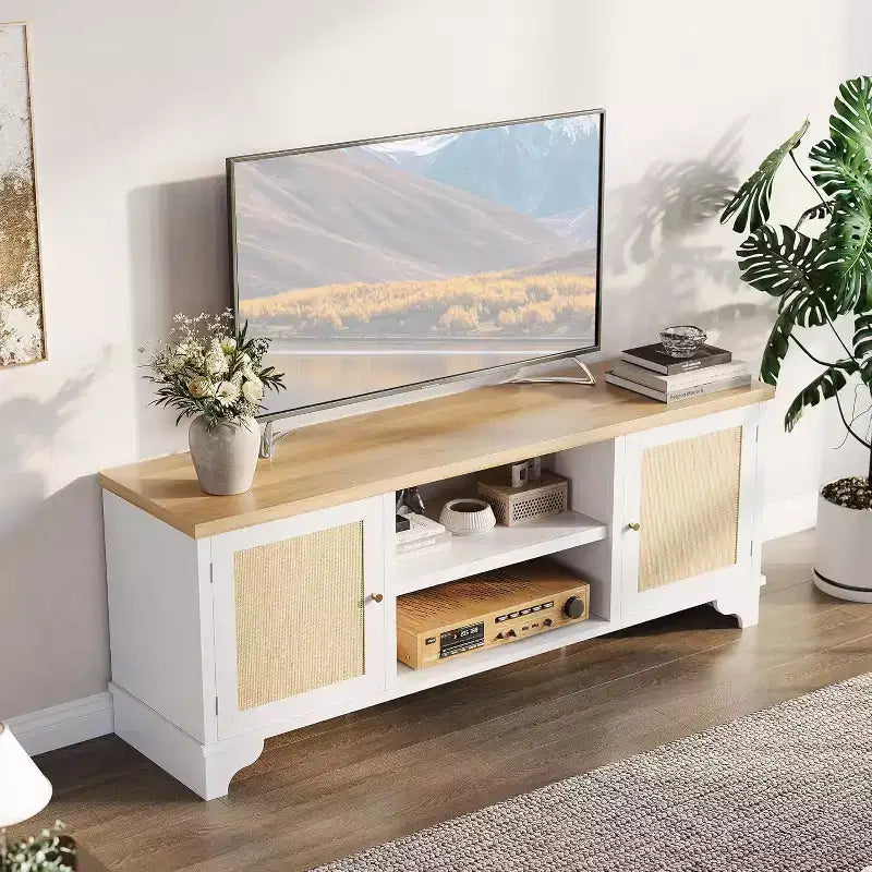 Mobile TV da 70 pollici, Mobile TV in Rattan per Soggiorno, Mobile Porta TV Boho, Consolle in Legno con Contenitore e Scaffale.