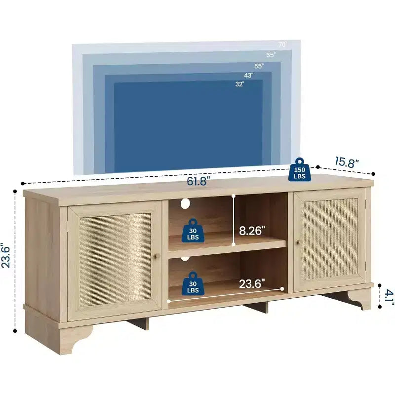 Mobile TV da 70 pollici, Mobile TV in Rattan per Soggiorno, Mobile Porta TV Boho, Consolle in Legno con Contenitore e Scaffale.