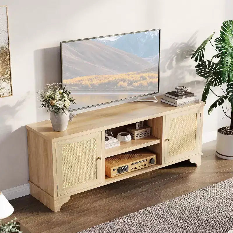 Mobile TV da 70 pollici, Mobile TV in Rattan per Soggiorno, Mobile Porta TV Boho, Consolle in Legno con Contenitore e Scaffale.