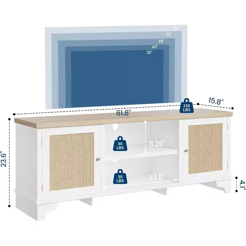 Mobile TV da 70 pollici, Mobile TV in Rattan per Soggiorno, Mobile Porta TV Boho, Consolle in Legno con Contenitore e Scaffale.