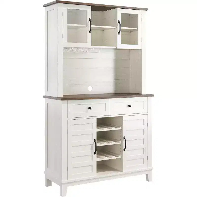 Dispensa alta da cucina con credenza, 4 ante, 2 cassetti, portabottiglie e calici, ripiani regolabili, grande contenitore a buffet, bianca, 72 pollici