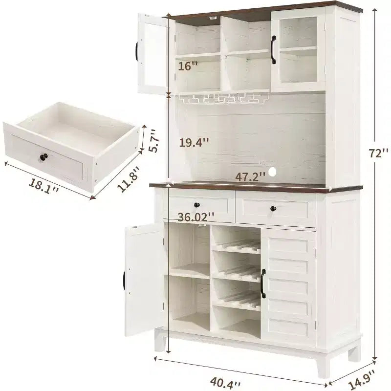 Dispensa alta da cucina con credenza, 4 ante, 2 cassetti, portabottiglie e calici, ripiani regolabili, grande contenitore a buffet, bianca, 72 pollici