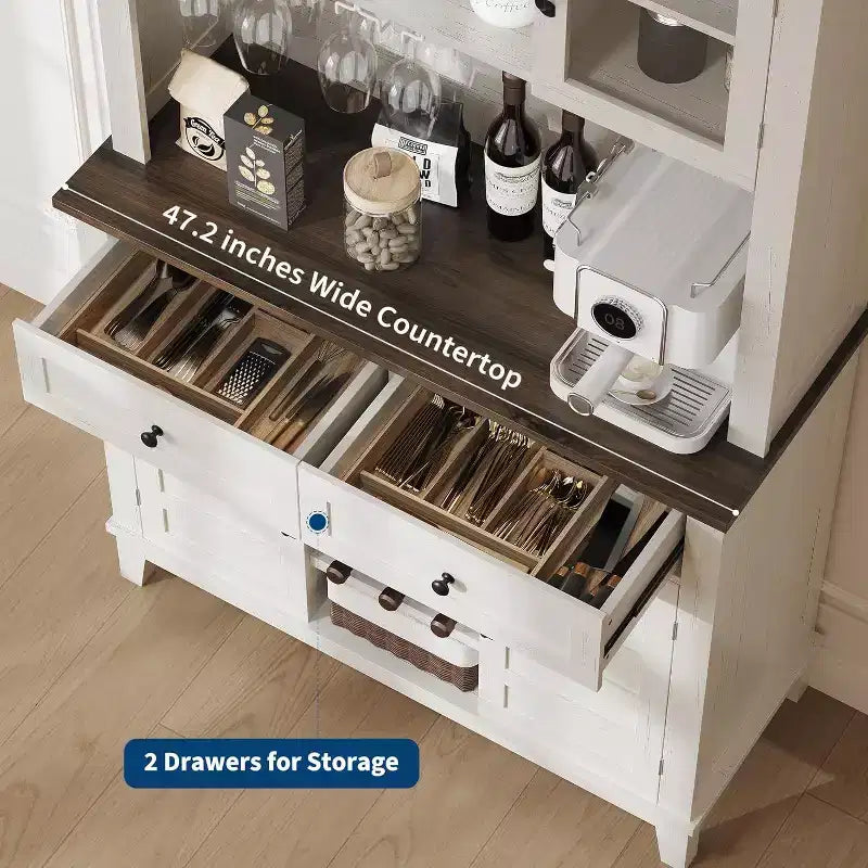 Dispensa alta da cucina con credenza, 4 ante, 2 cassetti, portabottiglie e calici, ripiani regolabili, grande contenitore a buffet, bianca, 72 pollici