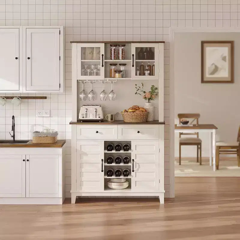 Dispensa alta da cucina con credenza, 4 ante, 2 cassetti, portabottiglie e calici, ripiani regolabili, grande contenitore a buffet, bianca, 72 pollici