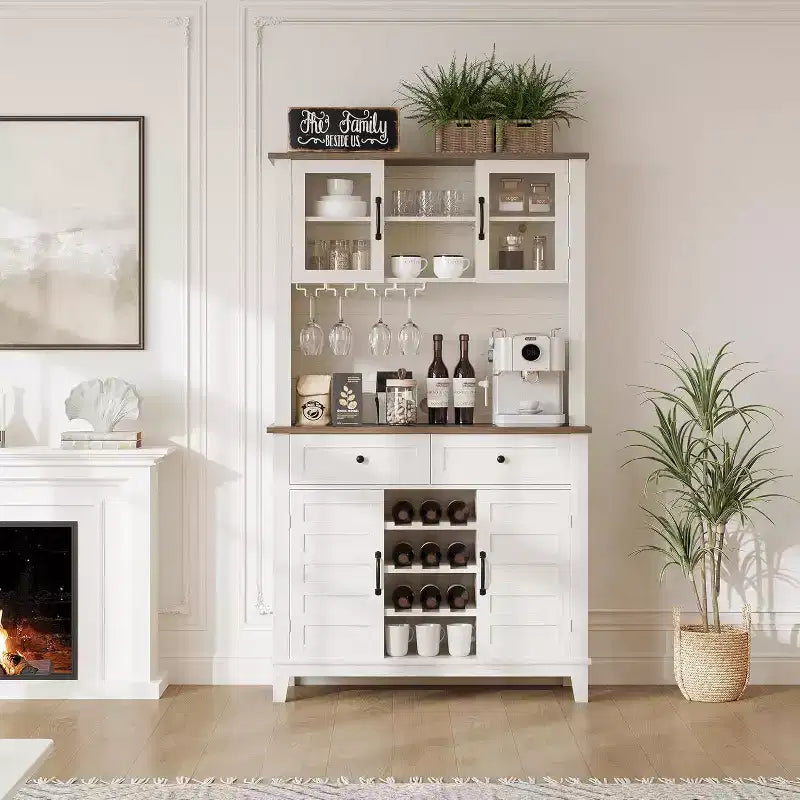 Dispensa alta da cucina con credenza, 4 ante, 2 cassetti, portabottiglie e calici, ripiani regolabili, grande contenitore a buffet, bianca, 72 pollici