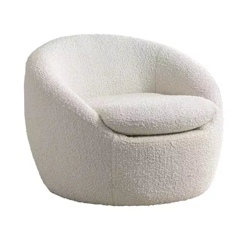 Poltrona a botte girevole moderna in bouclé con base a 360 e seduta imbottita, per soggiorno o camera da letto, bianca