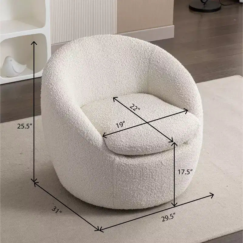 Poltrona a botte girevole moderna in bouclé con base a 360 e seduta imbottita, per soggiorno o camera da letto, bianca