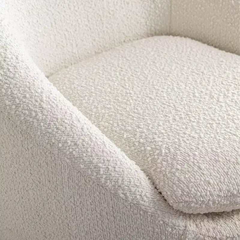 Poltrona a botte girevole moderna in bouclé con base a 360 e seduta imbottita, per soggiorno o camera da letto, bianca