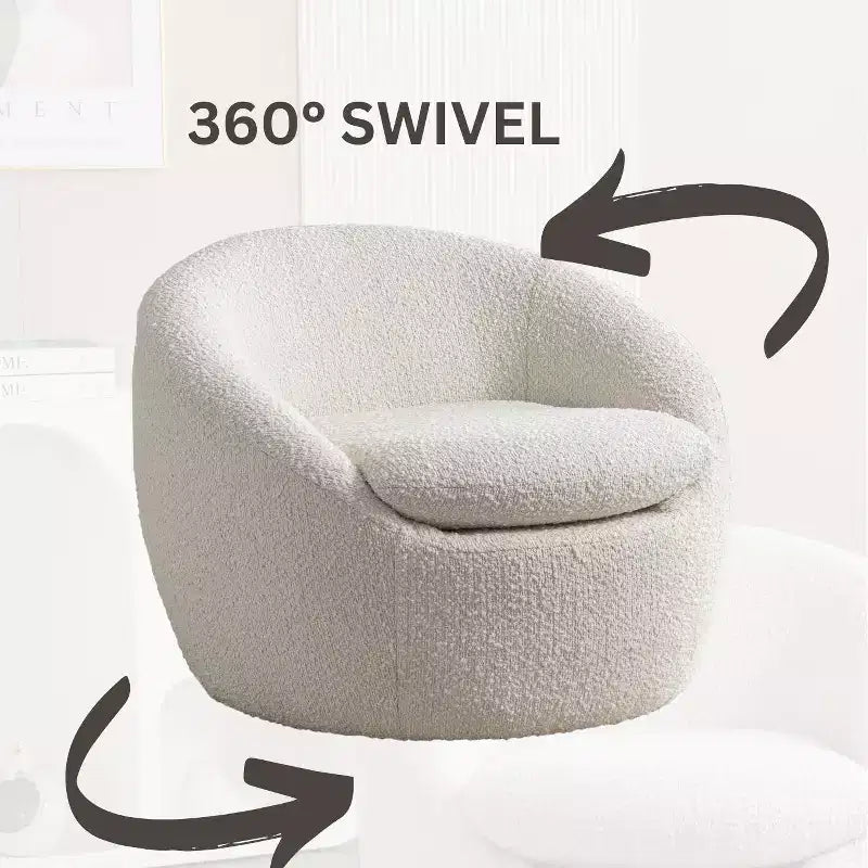 Poltrona a botte girevole moderna in bouclé con base a 360 e seduta imbottita, per soggiorno o camera da letto, bianca