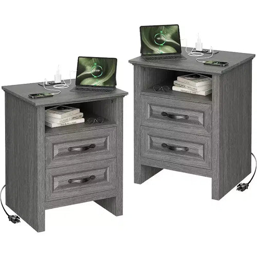 Amada 2 Pack Farmhouse Nightstand with Charging Station, 18.9 Inch Wide Bedside Table with 2 Drawers, USB, 2 AC Outlets, End Table for Bedroom, Gray