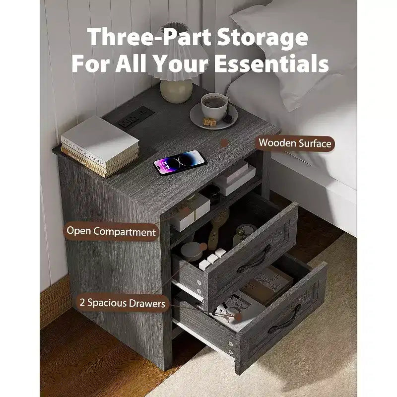 Set di 2 Comodini Rustici con Stazione di Ricarica, Tavolini da Notte Larghezza 48 cm con 2 Cassetti, USB, 2 Prese AC, Tavolino per Camera da Letto, Grigio