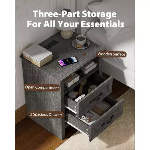 Set di 2 Comodini Rustici con Stazione di Ricarica, Tavolini da Notte Larghezza 48 cm con 2 Cassetti, USB, 2 Prese AC, Tavolino per Camera da Letto, Grigio