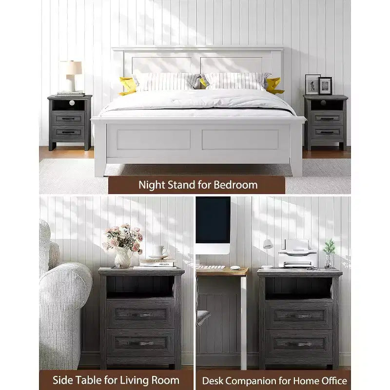 Set di 2 Comodini Rustici con Stazione di Ricarica, Tavolini da Notte Larghezza 48 cm con 2 Cassetti, USB, 2 Prese AC, Tavolino per Camera da Letto, Grigio