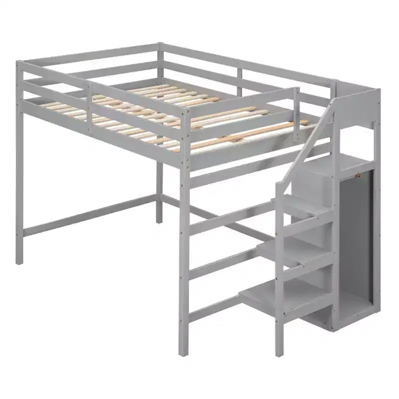 Letto a soppalco in legno a grandezza naturale con armadio e scala integrati, letto a soppalco multifunzionale con scala e ringhiere