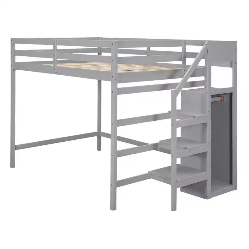 Letto a soppalco in legno a grandezza naturale con armadio e scala integrati, letto a soppalco multifunzionale con scala e ringhiere