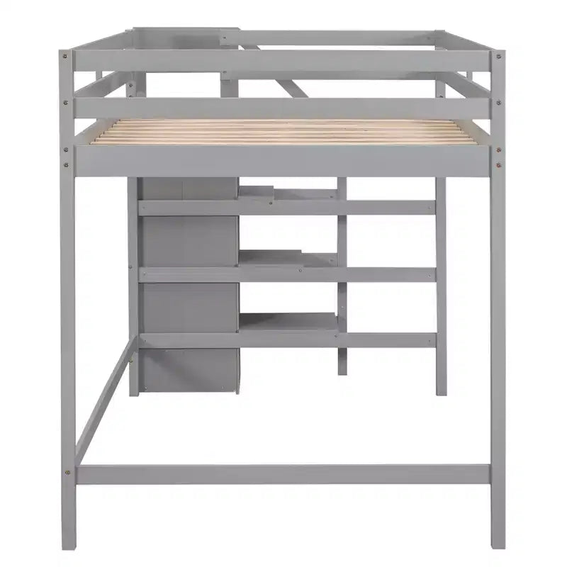 Letto a soppalco in legno a grandezza naturale con armadio e scala integrati, letto a soppalco multifunzionale con scala e ringhiere