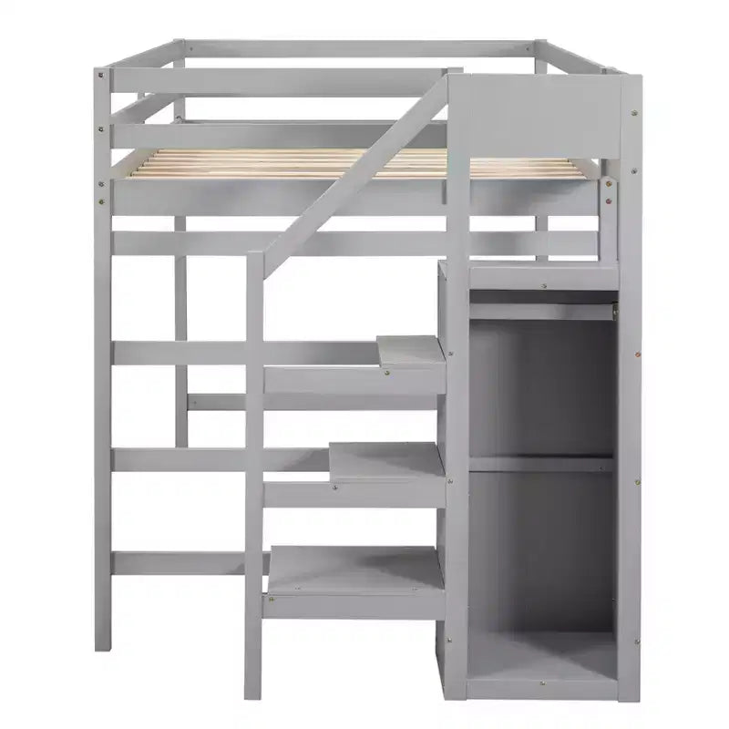Letto a soppalco in legno a grandezza naturale con armadio e scala integrati, letto a soppalco multifunzionale con scala e ringhiere