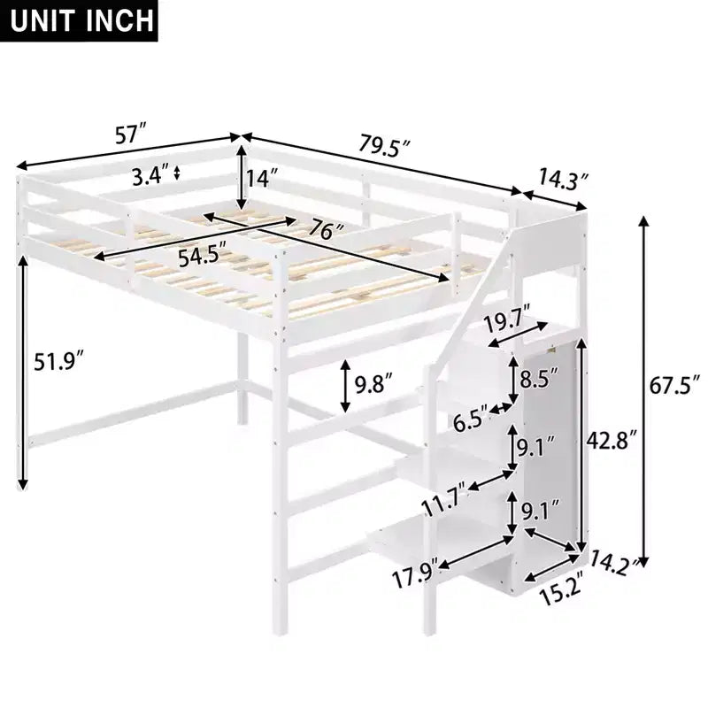 Letto a soppalco in legno a grandezza naturale con armadio e scala integrati, letto a soppalco multifunzionale con scala e ringhiere