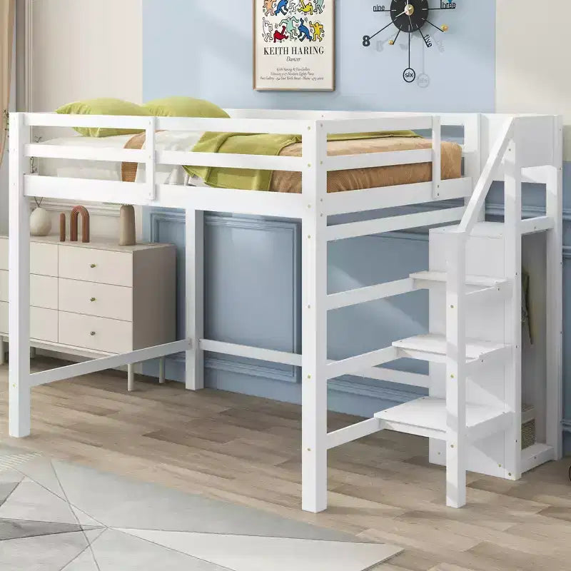 Letto a soppalco in legno a grandezza naturale con armadio e scala integrati, letto a soppalco multifunzionale con scala e ringhiere