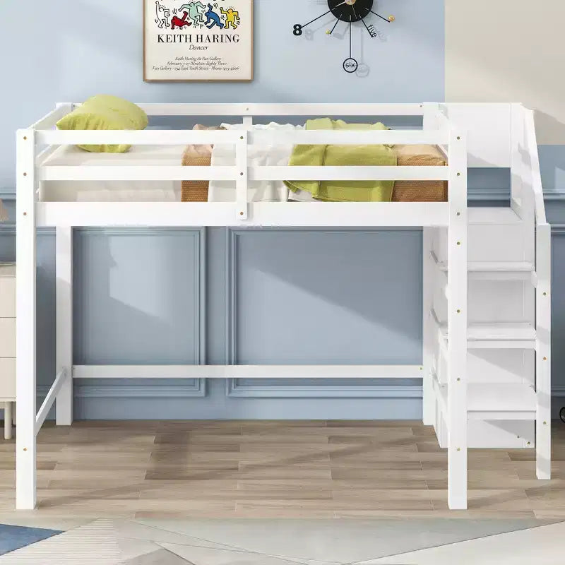 Letto a soppalco in legno a grandezza naturale con armadio e scala integrati, letto a soppalco multifunzionale con scala e ringhiere