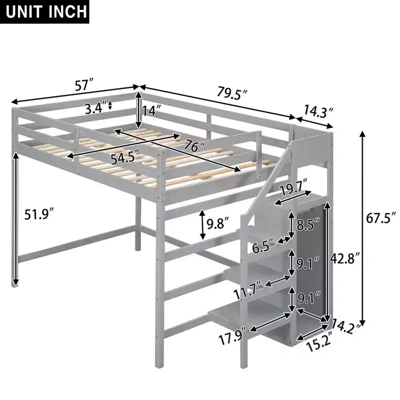 Letto a soppalco in legno a grandezza naturale con armadio e scala integrati, letto a soppalco multifunzionale con scala e ringhiere