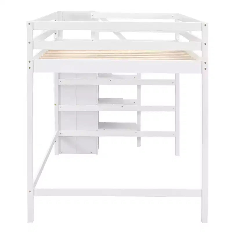 Letto a soppalco in legno a grandezza naturale con armadio e scala integrati, letto a soppalco multifunzionale con scala e ringhiere