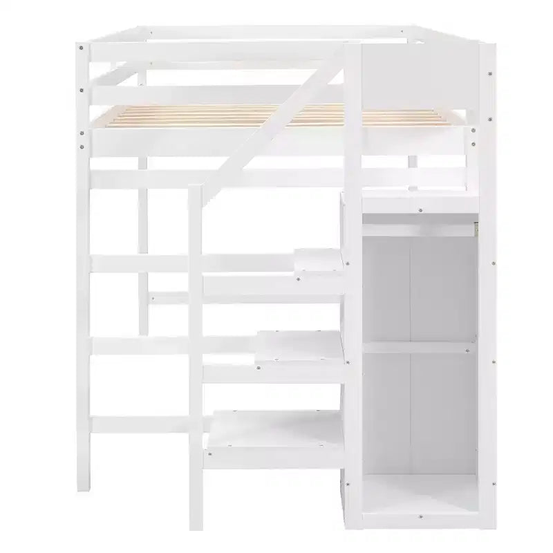 Letto a soppalco in legno a grandezza naturale con armadio e scala integrati, letto a soppalco multifunzionale con scala e ringhiere