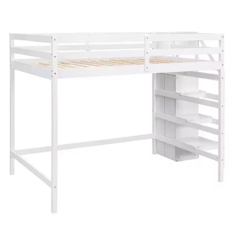 Letto a soppalco in legno a grandezza naturale con armadio e scala integrati, letto a soppalco multifunzionale con scala e ringhiere