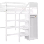 Letto a soppalco in legno a grandezza naturale con armadio e scala integrati, letto a soppalco multifunzionale con scala e ringhiere