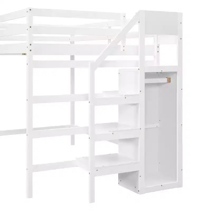 Letto a soppalco in legno a grandezza naturale con armadio e scala integrati, letto a soppalco multifunzionale con scala e ringhiere