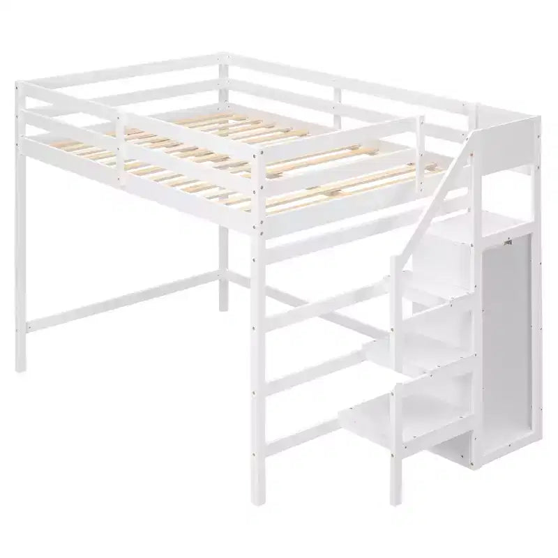 Letto a soppalco in legno a grandezza naturale con armadio e scala integrati, letto a soppalco multifunzionale con scala e ringhiere