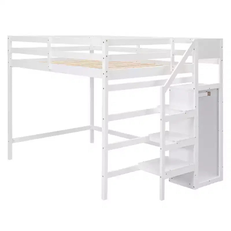 Letto a soppalco in legno a grandezza naturale con armadio e scala integrati, letto a soppalco multifunzionale con scala e ringhiere