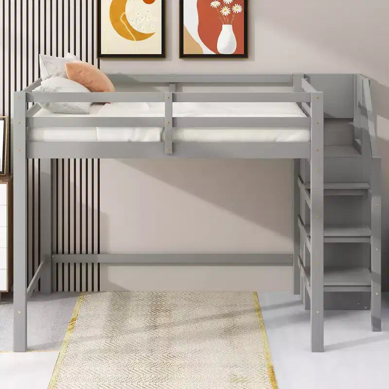 Letto a soppalco in legno a grandezza naturale con armadio e scala integrati, letto a soppalco multifunzionale con scala e ringhiere