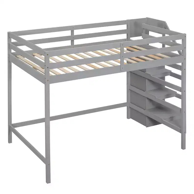 Letto a soppalco in legno a grandezza naturale con armadio e scala integrati, letto a soppalco multifunzionale con scala e ringhiere