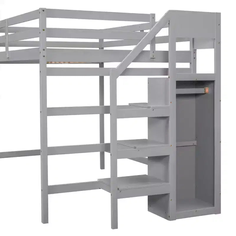 Letto a soppalco in legno a grandezza naturale con armadio e scala integrati, letto a soppalco multifunzionale con scala e ringhiere