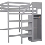 Letto a soppalco in legno a grandezza naturale con armadio e scala integrati, letto a soppalco multifunzionale con scala e ringhiere