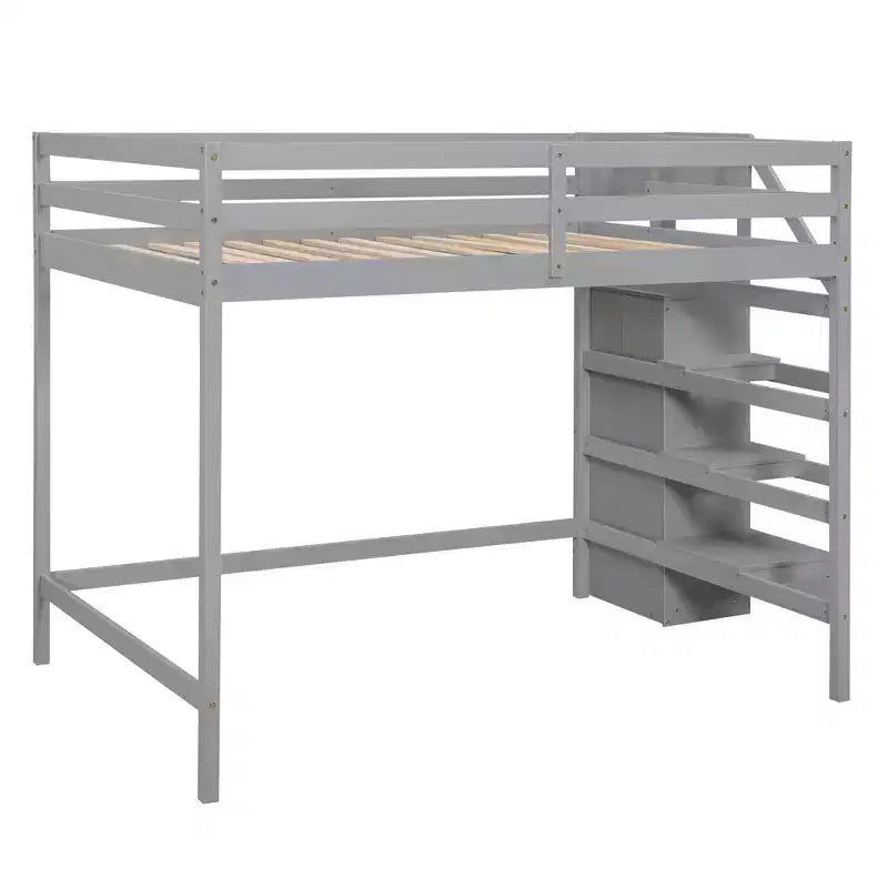 Letto a soppalco in legno a grandezza naturale con armadio e scala integrati, letto a soppalco multifunzionale con scala e ringhiere