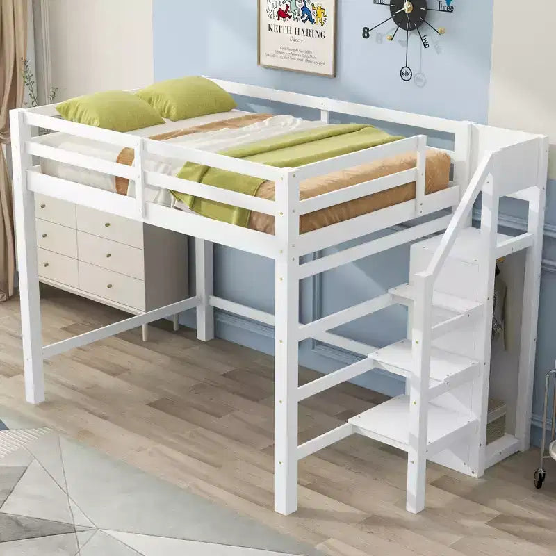 Letto a soppalco in legno a grandezza naturale con armadio e scala integrati, letto a soppalco multifunzionale con scala e ringhiere