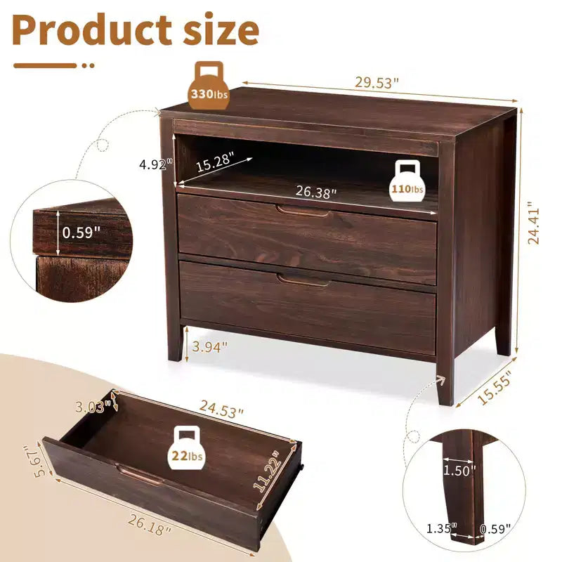 Comodini marroni in MDF (pannello di fibra a media densità) con 2 cassetti, larghi 75 cm.