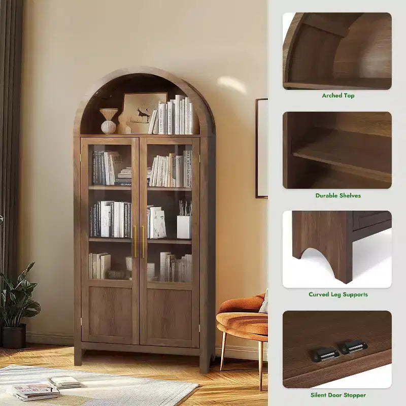Mobile Alto in Legno da 71", Mobiletto ad Arco con 2 Ante e Ripiani per Soggiorno