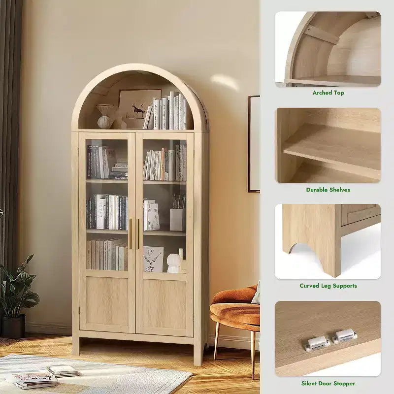 Mobile Alto in Legno da 71", Mobiletto ad Arco con 2 Ante e Ripiani per Soggiorno